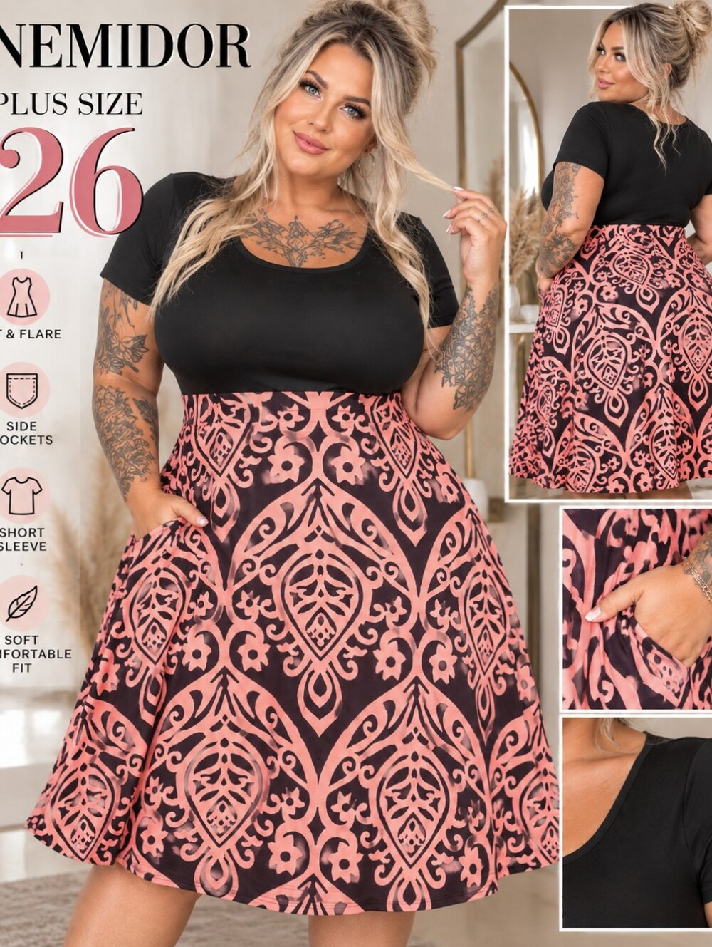 Nemidor Plus Size 26 Pink Black Fit Flare A Line Dress Pockets Short Sleeve